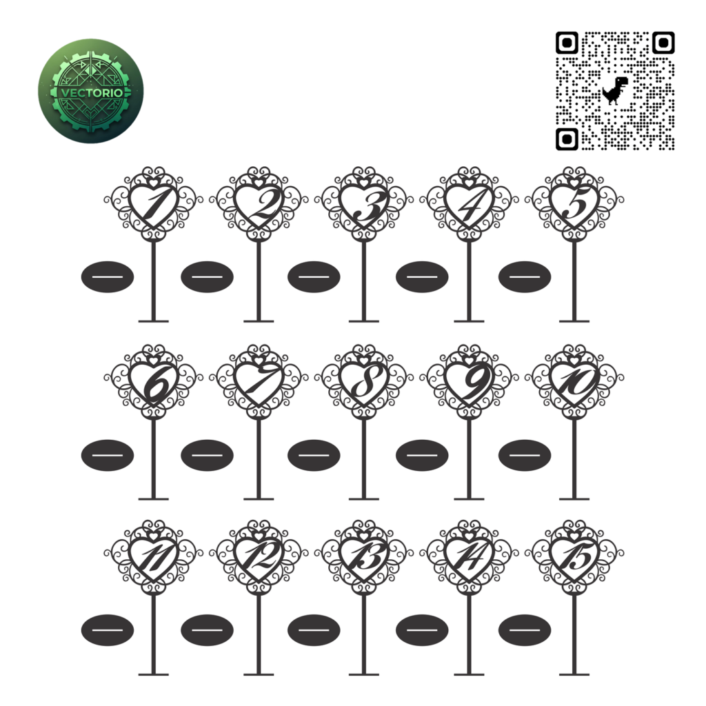 ROMANTIC HEART SHAPED TABLE NUMBERS vector design for laser cutting and engraving