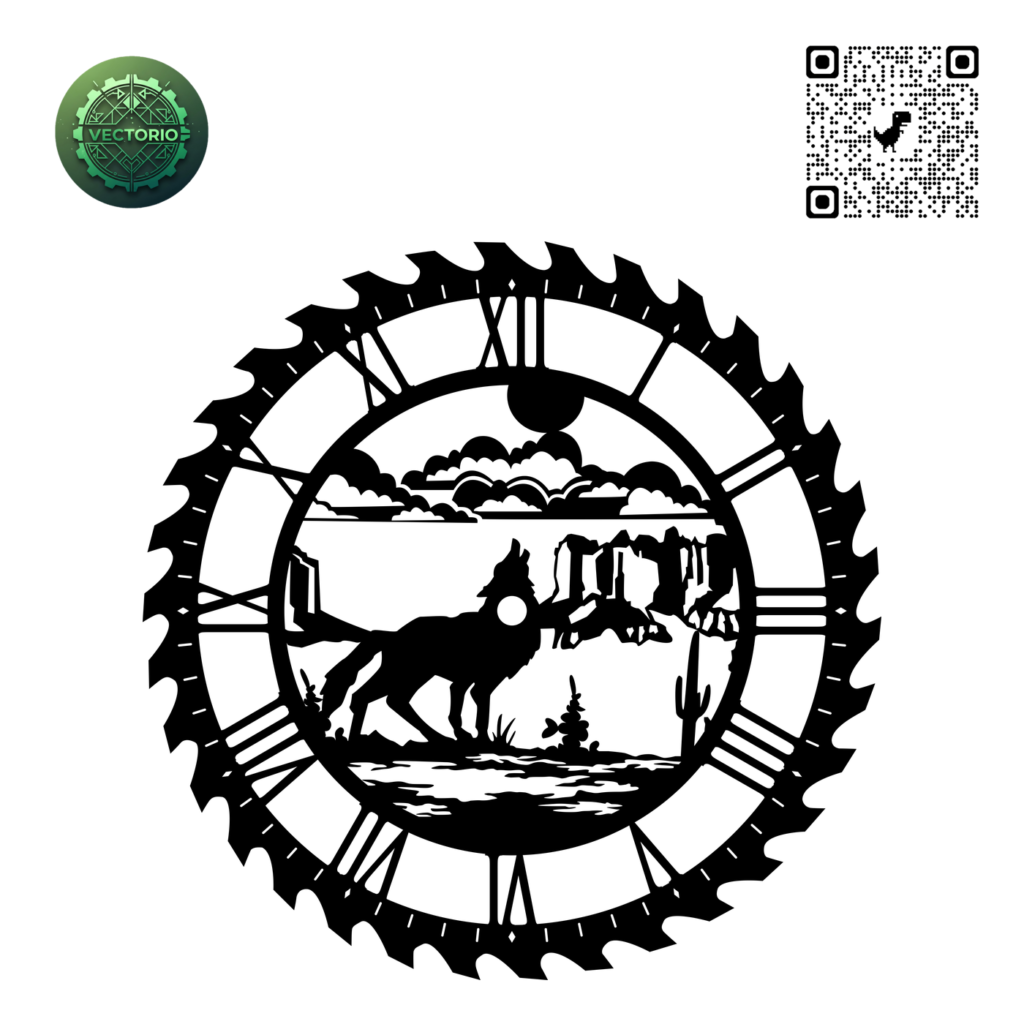 WALL CLOCK CIRCULAR SAW WOLF vector design for laser cutting and engraving