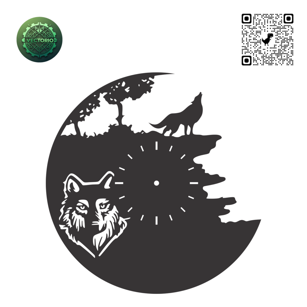 WOLF WALL CLOCK vector design for laser cutting and engraving