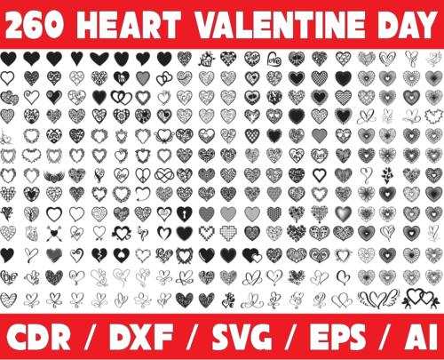 2019-12-31 260 Heart Valentine Day Vector Pack - Laser Cut & CNC Files (CDR, DXF, SVG, EPS, AI)