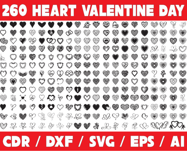 2019-12-31 260 Heart Valentine Day Vector Pack - Laser Cut & CNC Files (CDR, DXF, SVG, EPS, AI)