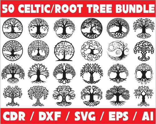 50 Celtic and Root Tree Vector Pack - Laser Cut & CNC Files (CDR, DXF, SVG, EPS, AI)