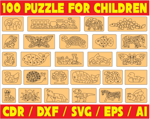 2020-04-02 (2) 100 Puzzle For Children Vector Pack - Laser Cut & CNC Files (CDR, DXF, SVG, EPS, AI)