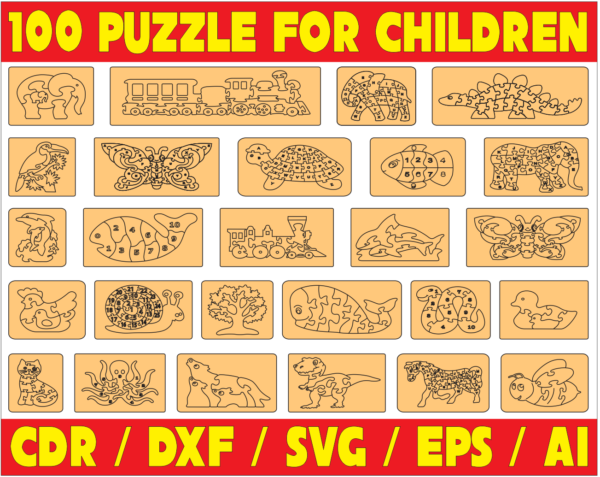 100 Puzzle For Children Vector Pack - Laser Cut & CNC Files (CDR, DXF, SVG, EPS, AI)