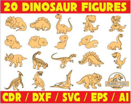 2020-04-02 (8) 20 Dinosaur Figures Vector Pack - Laser Cut & CNC Files (CDR, DXF, SVG, EPS, AI)