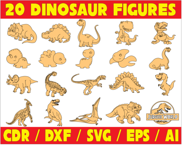 20 Dinosaur Figures Vector Pack - Laser Cut & CNC Files (CDR, DXF, SVG, EPS, AI)