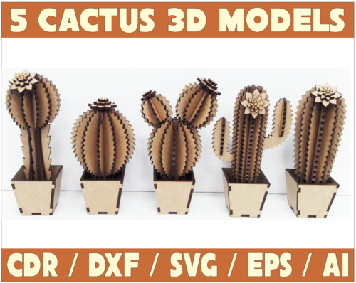 5 Cactus 3D Models Vector Pack - Laser Cut & CNC Files (CDR, DXF, SVG, EPS)