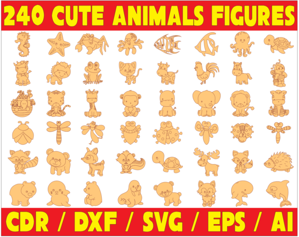 2020-04-03 (14) 240 Cute Animals Figures Vector Pack - Laser Cut & CNC Files (CDR, DXF, SVG, EPS, AI)