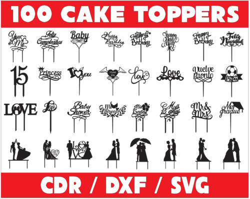 2020-04-04 (7) 100 Cake Toppers Vector Pack - Laser Cut & CNC Files (CDR, DXF, SVG, EPS, AI)