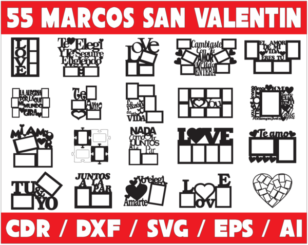 2020-04-06 (4) 55 Valentine Photo Frames Vector Pack - Laser Cut & CNC Files (CDR, DXF, SVG, EPS, AI)