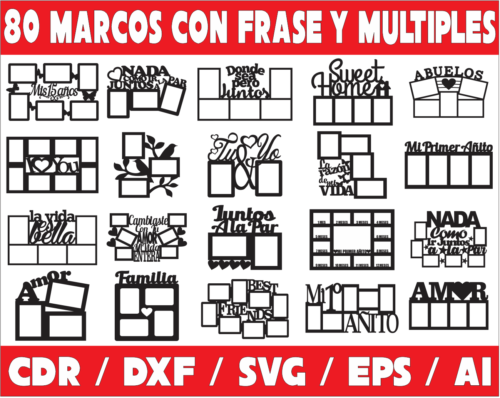 80 Multi Photo Frames with Phrases Vector Pack - Laser Cut & CNC Files (CDR, DXF, SVG, EPS, AI)