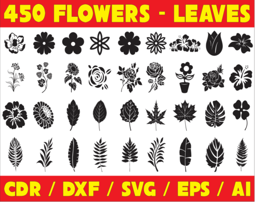 450 Flowers - Leaves Vector Pack - Laser Cut & CNC Files (CDR, DXF, SVG, EPS, AI)
