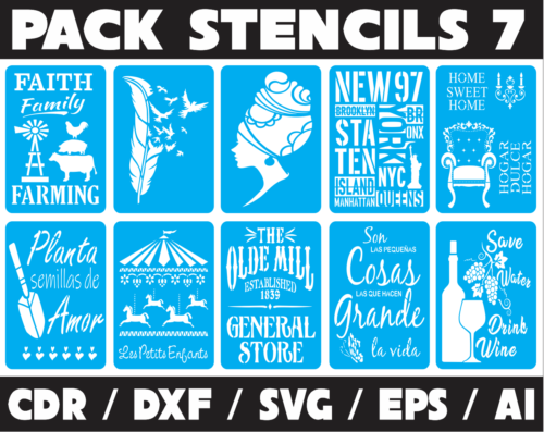 Stencils Set 7 Vector Pack - Laser Cut & CNC Files (CDR, DXF, SVG, EPS, AI)