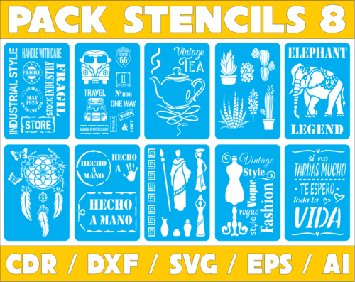 Stencils Set 8 Vector Pack - Laser Cut & CNC Files (CDR, DXF, SVG, EPS, AI)