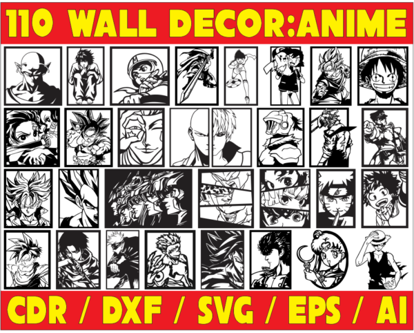 2024-01-29 (9) 110 Anime Wall Decor Vector Pack - Laser Cut & CNC Files (CDR, DXF, SVG, EPS, AI)