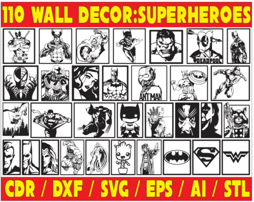 2024-06-30 (2) 110 Superheroes Wall Decor Vector Pack - Laser Cut & CNC Files (CDR, DXF, SVG, EPS, AI, STL)