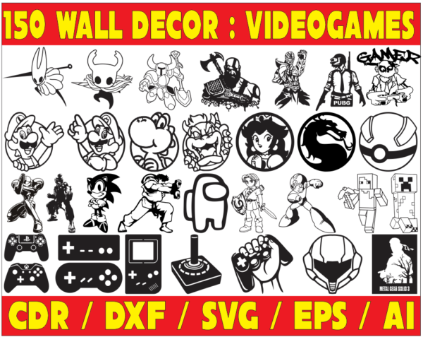 150 Videogames Wall Decor Vector Pack - Laser Cut & CNC Files (CDR, DXF, SVG, EPS, AI)