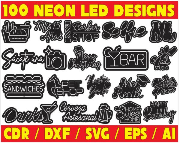100 Neon LED Designs Vector Pack - Laser Cut & CNC Files (CDR, DXF, SVG, EPS, AI)
