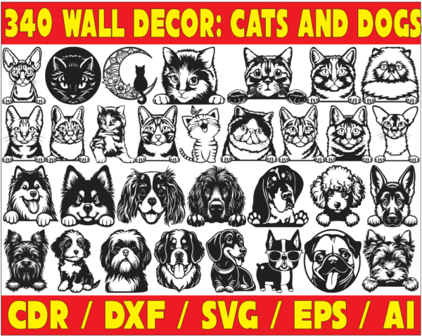 340 Cats and Dogs Wall Decor Vector Pack - Laser Cut & CNC Files (CDR, DXF, SVG, EPS, AI)