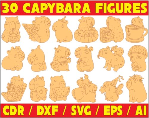 30 Capybara Figures Vector Pack - Laser Cut & CNC Files (CDR, DXF, SVG, EPS, AI)
