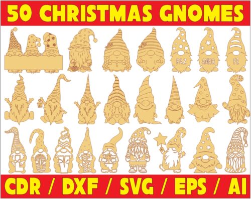 50 Christmas Gnomes Vector Pack - Laser Cut & CNC Files (CDR, DXF, SVG, EPS, AI)