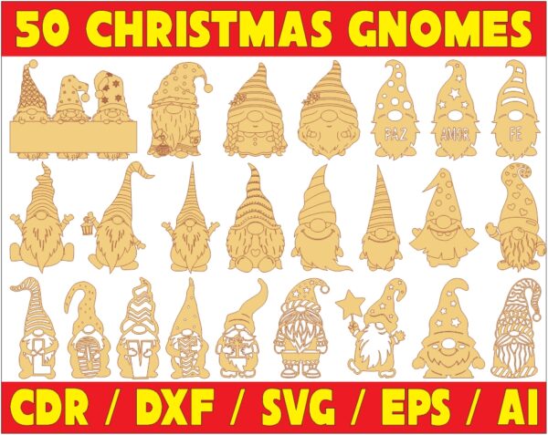 50 Christmas Gnomes Vector Pack - Laser Cut & CNC Files (CDR, DXF, SVG, EPS, AI)